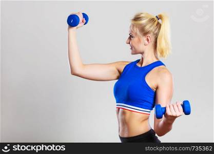 Sporty woman lifting light dumbbells weights. Fit girl exercising building muscles. Fitness and bodybuilding.. Fit woman lifting dumbbells weights