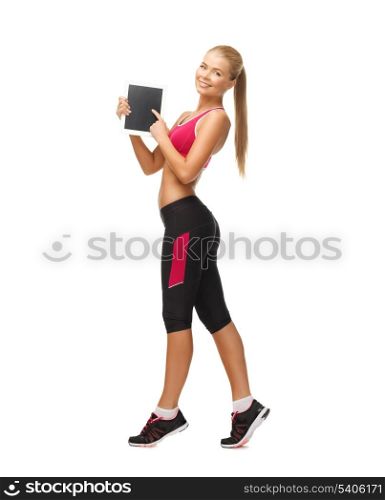 sporty woman showing something on tablet pc