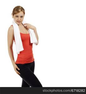 sporty woman with a white towel. young sporty woman with a white towel on white background
