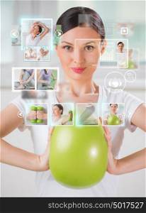 Sporty woman working out using modern virtual interface