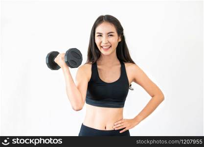 Sporty woman workout with dumbbell on clear background. Healthy lifestyle and exercising.. Sporty woman workout with dumbbell.