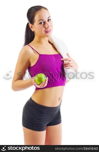 Sporty young girl with apple isolated