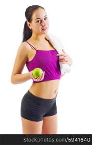 Sporty young girl with apple isolated