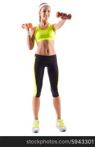 Sporty young girl with dumbbells isolated