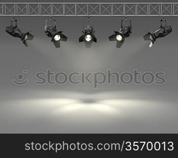 Spotlights illuminated wall. Space for text. 3d