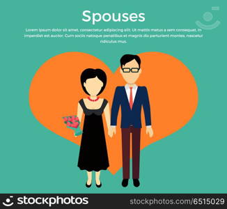 Spouses Concept Vector in Flat Design. Spouses concept vector. Flat design. Male and female without faces in formal wear holding hands on background of big heart silhouette. Illustration for engagement, marriage, anniversary invocations.