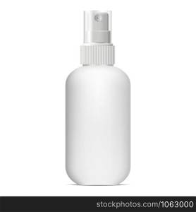 Spray bottle. Cosmetic aerosol mockup. White plastic tube vector blank. realistic soft surface 3d container for deodorant, parfum. Pump dispenser antiseptic medical package for merchandise. Spray bottle. Cosmetic aerosol mockup. White tube