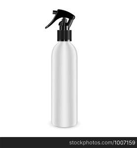 Spray bottle for cosmetic and other products. Isolated white blank container mockup with black dispenser head. Realistic vector template.. Spray bottle for cosmetic product. Isolated White