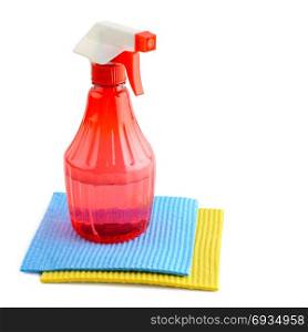 Spray with detergent and napkins isolated on white background. Side view.