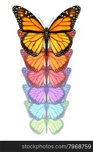 Spread your wings and escape with a monarch butterfly flying upward changing and going through a color transformation as a concept of freedom creativity and design innovation isolated on a white background.