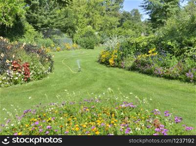 spreakler watering lawn in a lanscaped park in summer