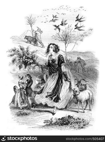 Spring, Allegory, vintage engraved illustration. Magasin Pittoresque 1842.