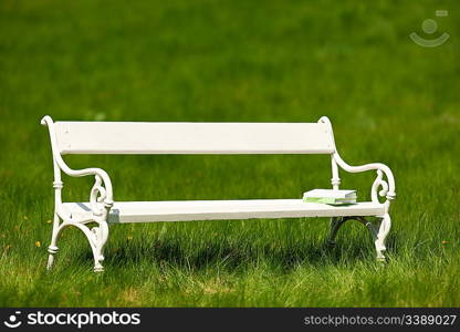 Spring and summer - White romantic bench in meadow on sunny day