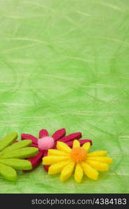 Spring background. Flowers on green sisal background, selective DOF.