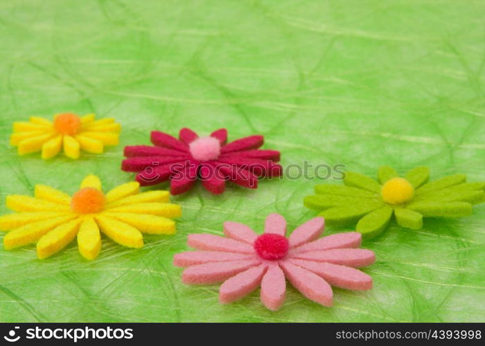 Spring background. Flowers on green sisal background, selective DOF.