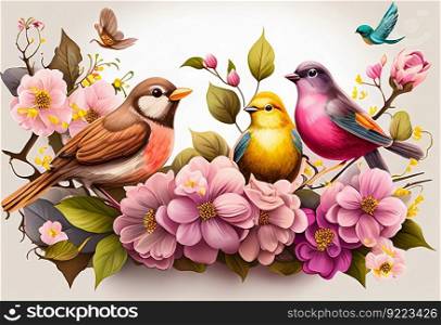 Spring background with birds, flowers 
on the branches illustration. AI generative.