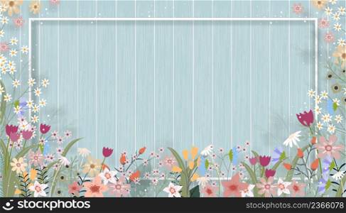 Spring background with cute flower border on wooden wall background, illustration horizontal backdrop of blooming flora frame on wood panel textured,Holiday banner for Springtime or Summer sale