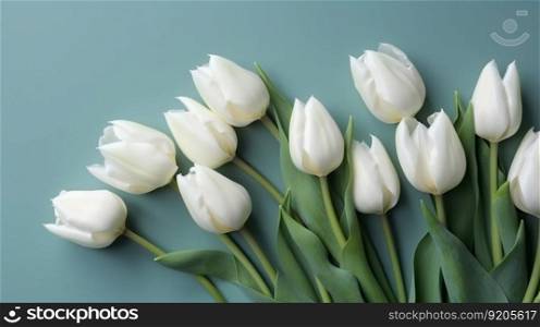 Spring background with white tulips flowers in blue light color,AI generated