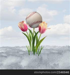 Spring baseball symbol as a ball sport concept with a tulip bloom as a symbol of thawing melting snow after winter weather with tulips as a springtime game concept with 3D illustration elements.