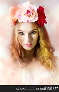 Spring, beautiful, charming woman in white bra and flowers on her head, she has got long, curly hair and natural make up.