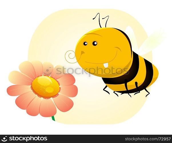 Spring Bee. Illustration of a cute cartoon bee near a flower