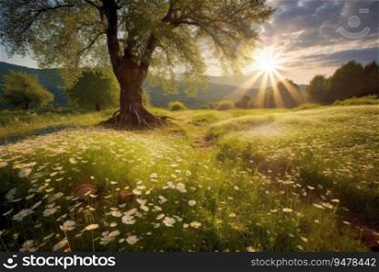 Spring blooming meadow with tree in background at sunrise. Generative AI