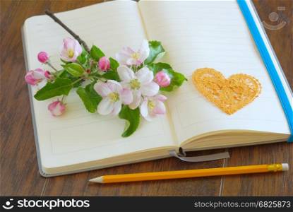 Spring blossom on blank open notebook with pencil love message symbol. Romantic letter diary. Lovely flowers passion concept. Empty romance lyrics book.