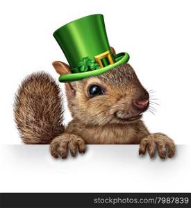 Spring celebration squirrel as cute happy wildlife wearing a green saint patricks day hat with four leaf clovers holding a blank sign as a festive holiday seasonal symbol.