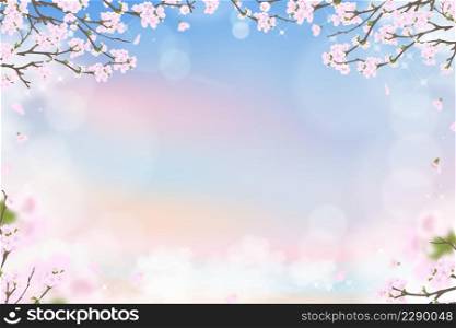 Spring cherry blossom on blue and pink pastel sky background, illustration Pink sakura flower blooming on springtime with falling petals, Sweet background banner for Spring or Summer sale