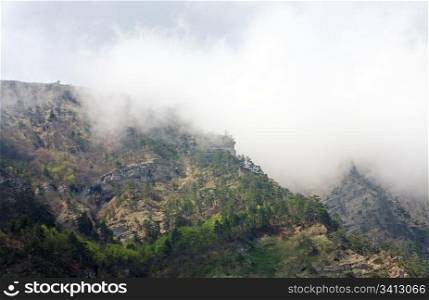 Spring cloudy view of slope of Aj-Petri Mount (trail Botanical, Crimea, Ukraine)