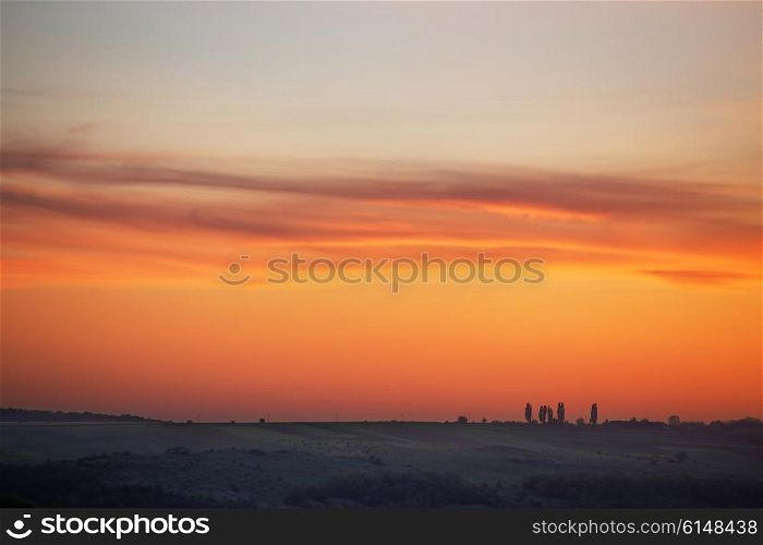 spring colorful sunset in the hills, Ukraine