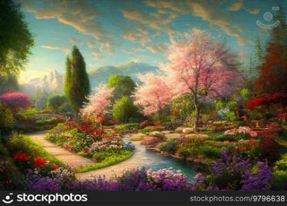Spring country formal garden pastoral illustration, blooming flowers and tree. Spring pastoral illustration
