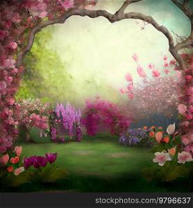Spring country pastoral illustration, blooming flowers and tree, green lane and frame of flowers. Spring pastoral illustration