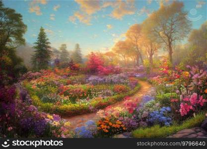 Spring country pastoral illustration, blooming flowers and tree. Spring pastoral illustration