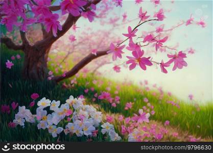 Spring country pastoral illustration, blooming tree with pink flowers. Spring pastoral illustration
