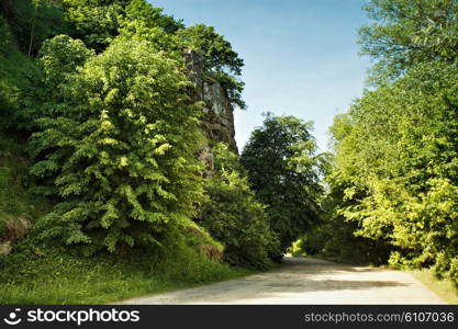 Spring country road near big rock