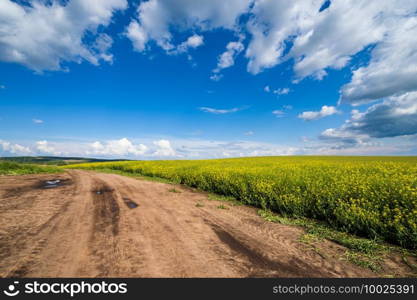 Spring countryside view with dirty road, rapeseed yellow blooming fields, village, hills. Ukraine, Lviv Region.