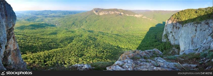 Spring Crimea Mountain rocky view with valley and Sokolinoje Village (Ukraine). Great Crimean Canyon environs. Seven shots stitch image.