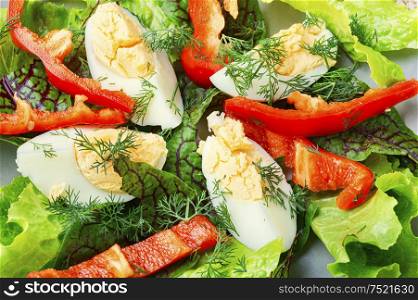 Spring diet salad with greens and egg.Fresh mixed green salad with egg. Vegetable salad with egg