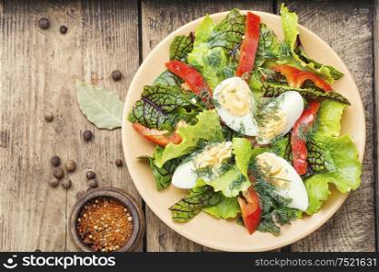Spring diet salad with greens and egg.Fresh mixed green salad with egg. Vegetable salad with egg