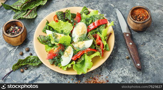 Spring diet salad with greens and egg.Salad with egg,sorrel and pepper. Vegetable salad with egg