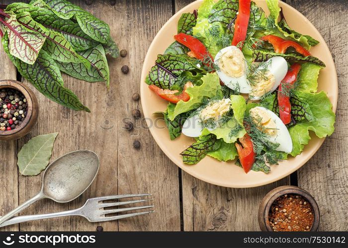 Spring diet salad with greens and egg.Salad with egg,sorrel and pepper. Healthy green salad