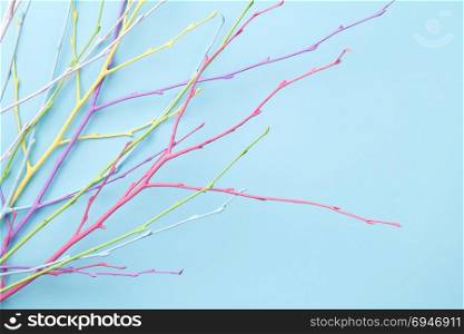 Spring, easter pastel background with colorful twigs. Copy space. Top view