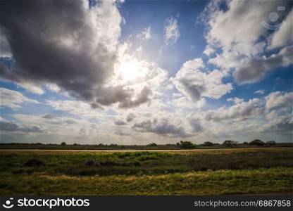 spring farm fields with sunset and clouds in texas