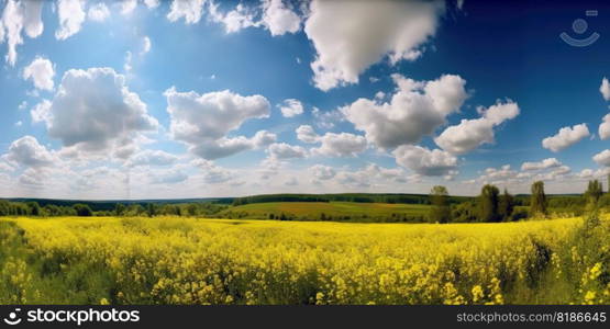Spring flower field and blue sky with white clouds. Generative AI.. Spring flower field and blue sky with white clouds. Generative AI