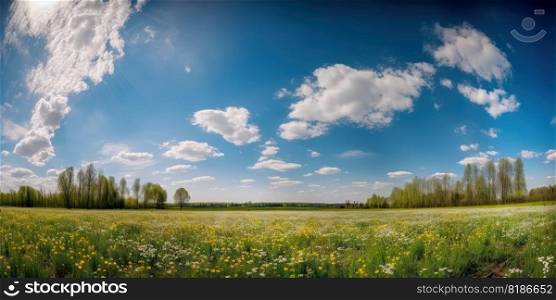 Spring flower field and blue sky with white clouds. Generative AI.. Spring flower field and blue sky with white clouds. Generative AI