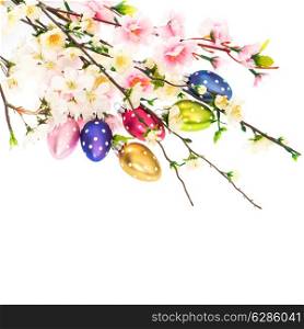 spring flowers and easter eggs decoration over white background