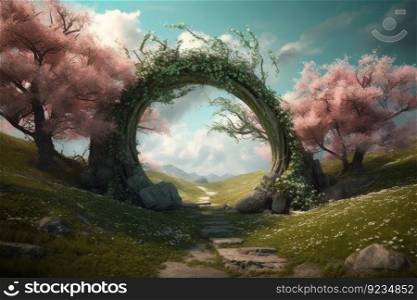 Spring flowers arch. Green nature park. Generate Ai. Spring flowers arch. Generate Ai