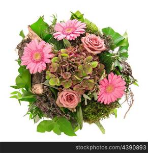 Spring flowers bouquet. Pink flowers roses and daisy isolated on white background