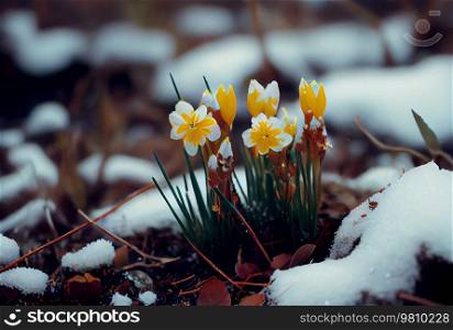 spring flowers in snow. Illustration AI Generative 